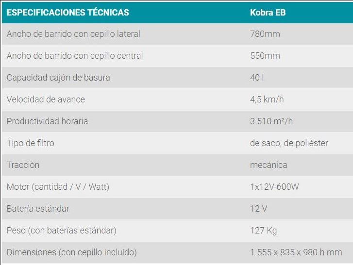 Ficha técnica barredora Eureka Kobra
